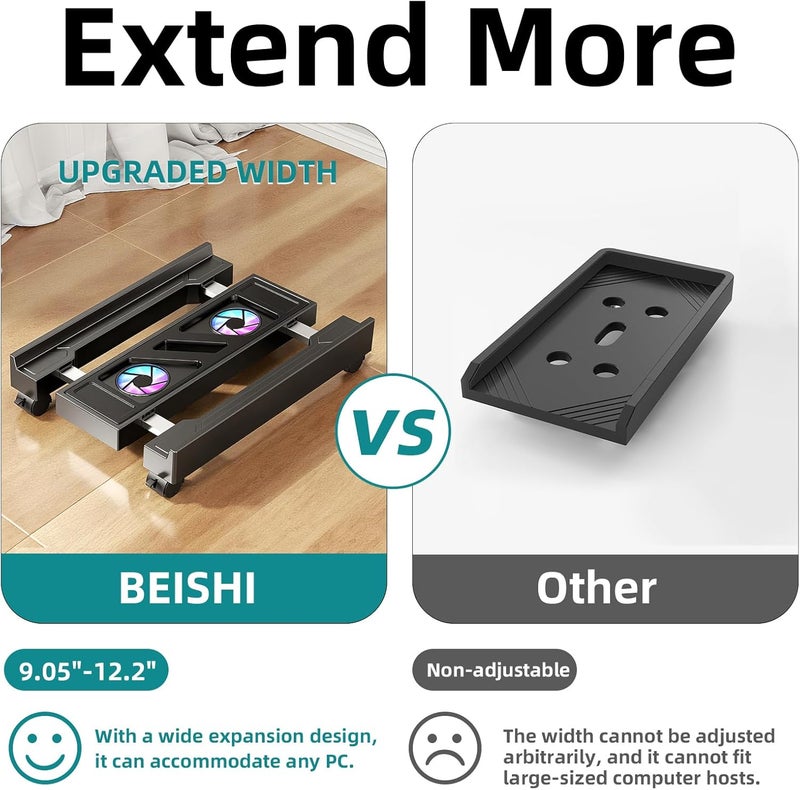 CABTE Adjustable Computer Tower Stand with Cooling Fan, Mobile CPU Holder with 4 Rolling Casters, Under Desk CPU Bracket PC Floor Cart PC Riser for Office, Home and Classroom. (Fan Version) - Image 3